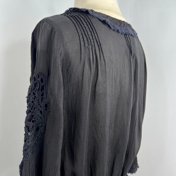 JohnnyWas Women's Sheer Blouse Black Lace Ruffle Neckline Button Down Size Small - Picture 10 of 16